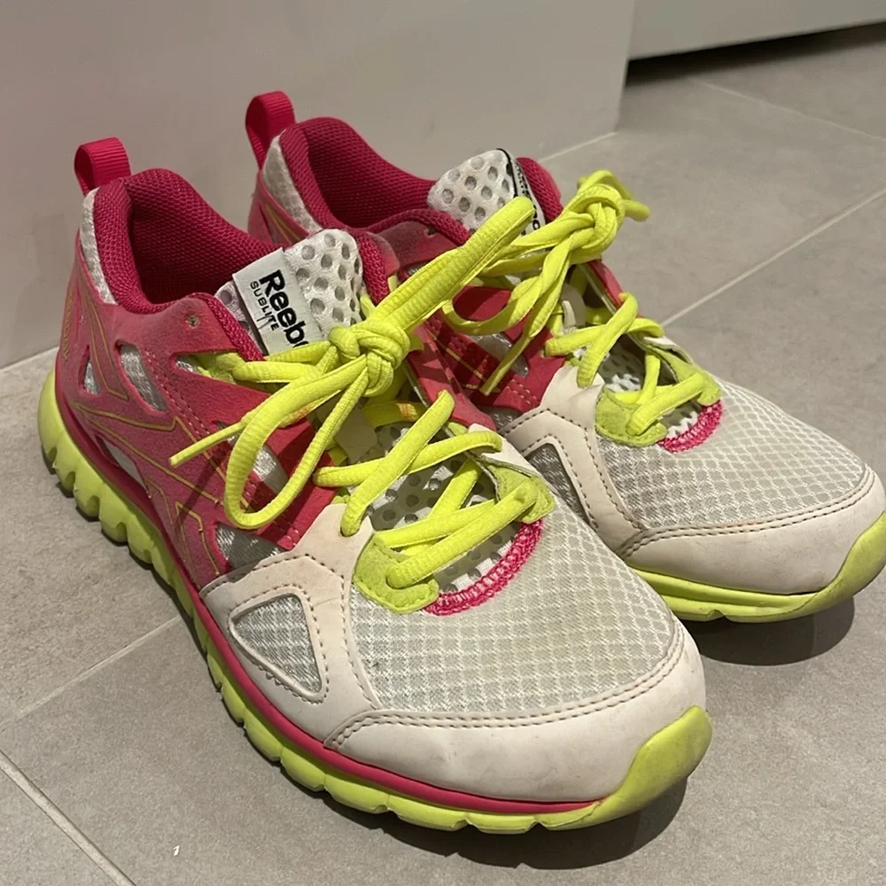 Reebok Sublite women pink neon yellow white size 6 sneakers shoes gym fitness